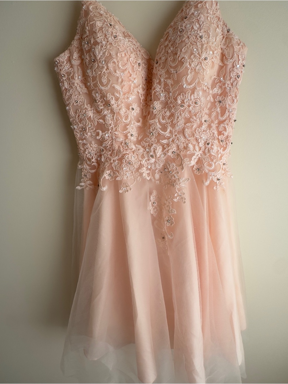 JJs House Blush Pink Lace Appliqué Tulle Prom Dress